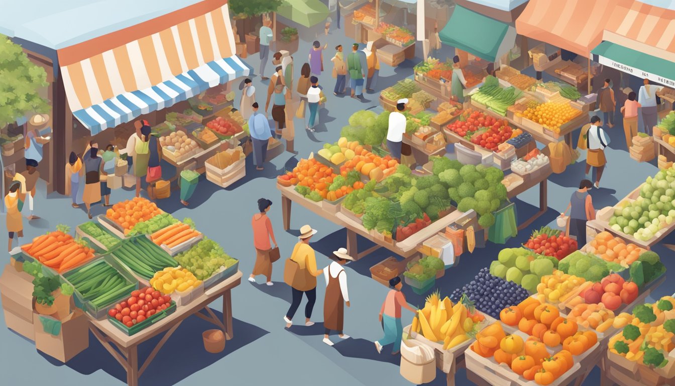 A bustling farmers' market with colorful produce stalls and local vendors, surrounded by a diverse community of shoppers