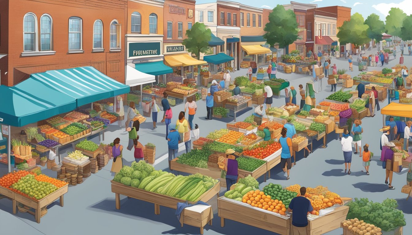 A bustling farmers market with colorful stalls and a variety of fresh produce, baked goods, and artisanal products, surrounded by a vibrant community in High Point, NC