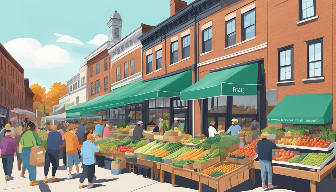 A bustling farmers' market with colorful produce and artisanal goods in front of a quaint local food co-op in Cambridge, MA