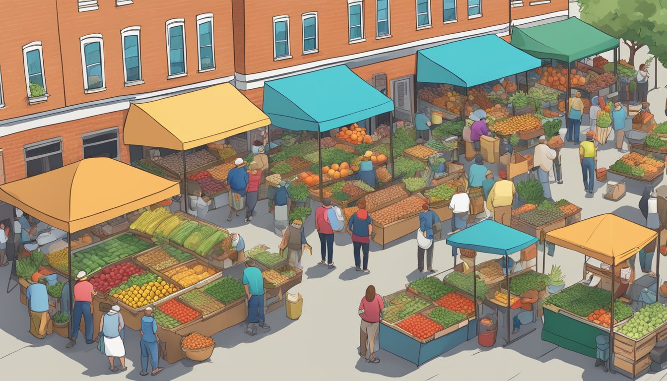 A bustling farmers market with colorful produce stalls and a diverse crowd browsing local goods in Topeka, Kansas