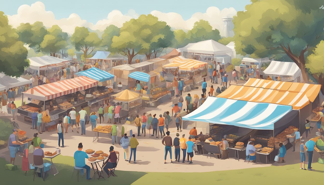 A crowded outdoor BBQ festival with people lined up for pulled pork sandwiches. Tents and food trucks surround the area