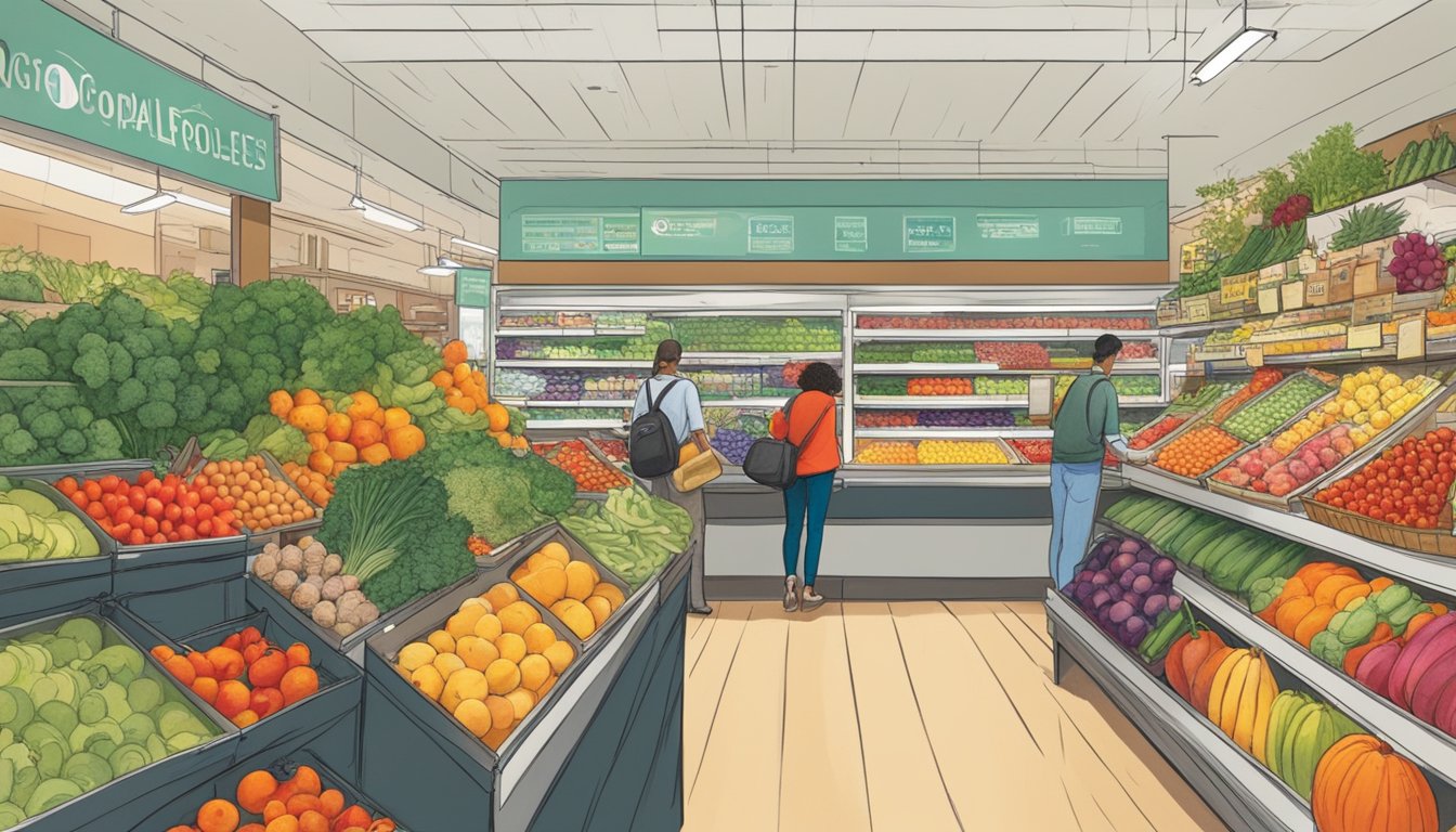 Customers browsing fresh produce at a bustling local food coop in Cambridge, MA. Shelves stocked with colorful fruits and vegetables, while a variety of local products line the aisles