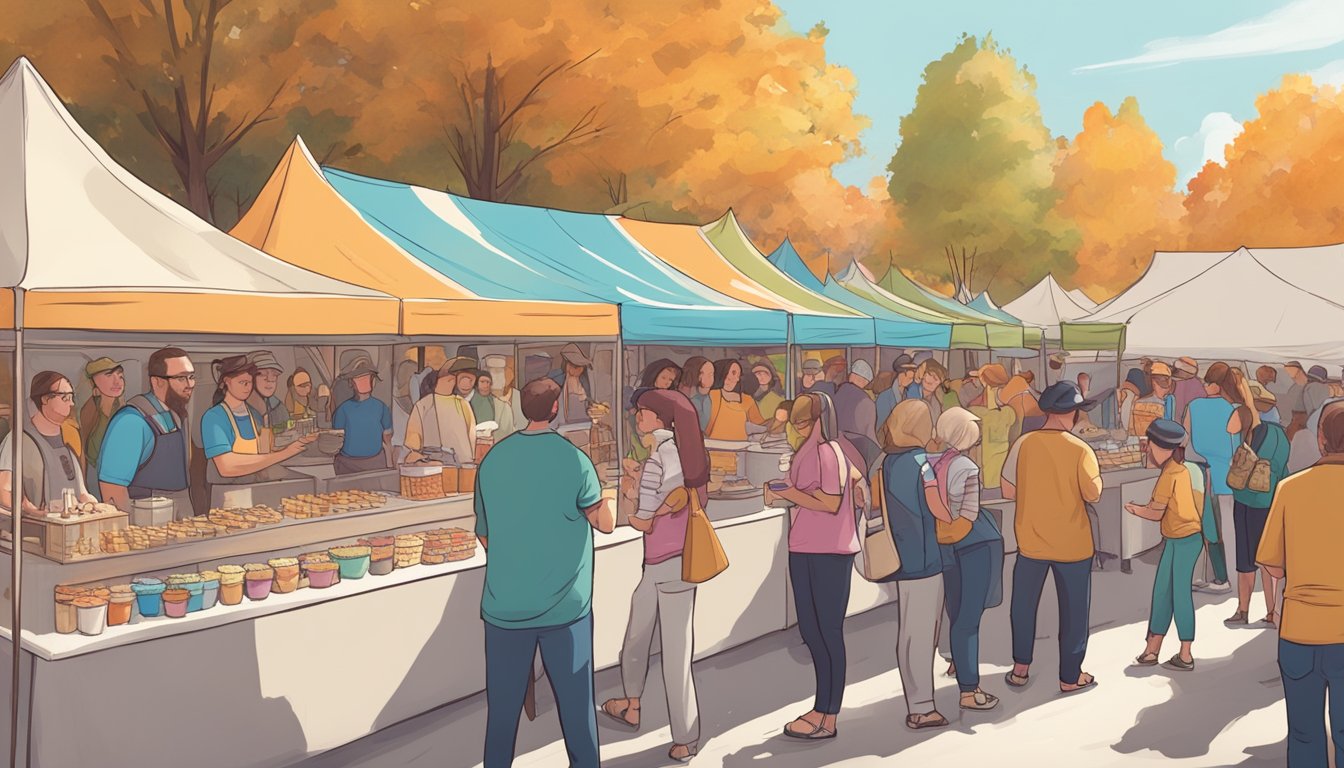 A bustling outdoor festival with vendors serving up various maple creemee creations, surrounded by onlookers and judges sampling and critiquing the sweet treats