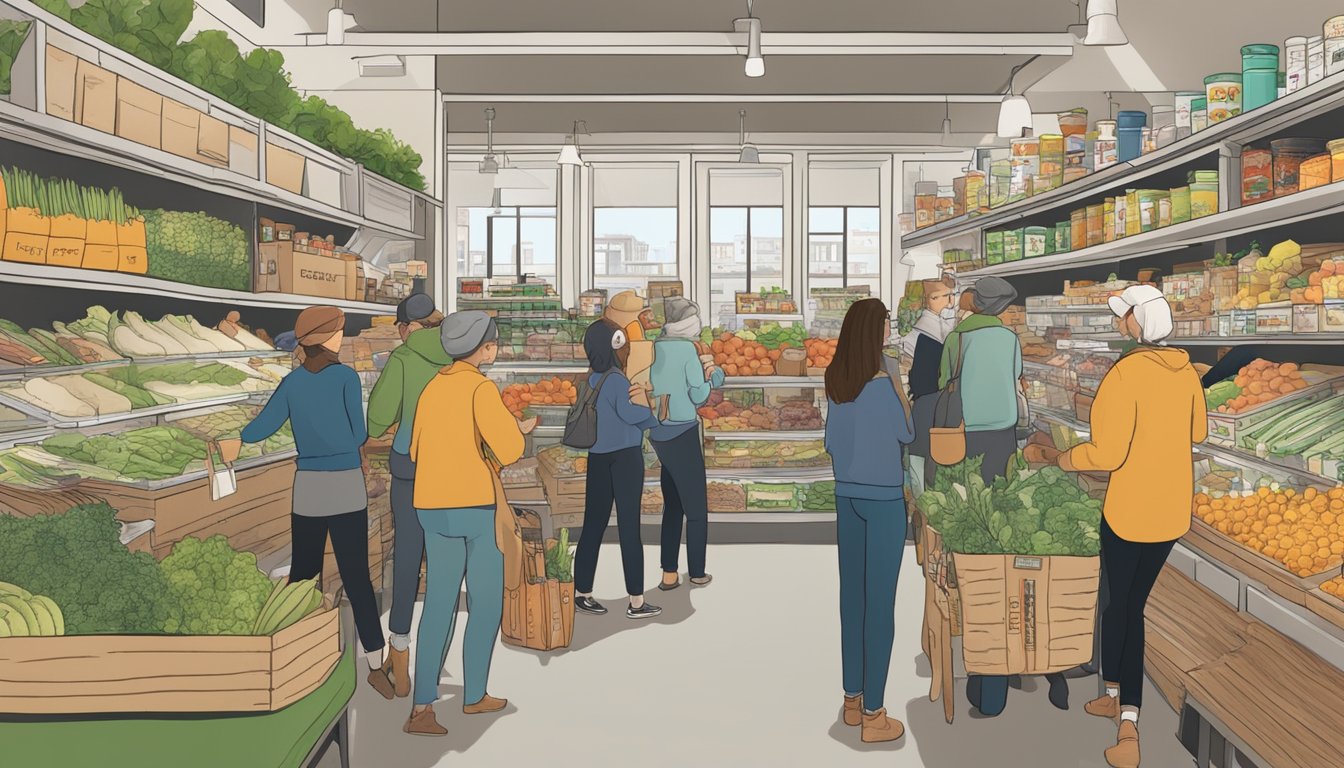 A bustling local food co-op in Cambridge, MA, with people browsing shelves and chatting with vendors