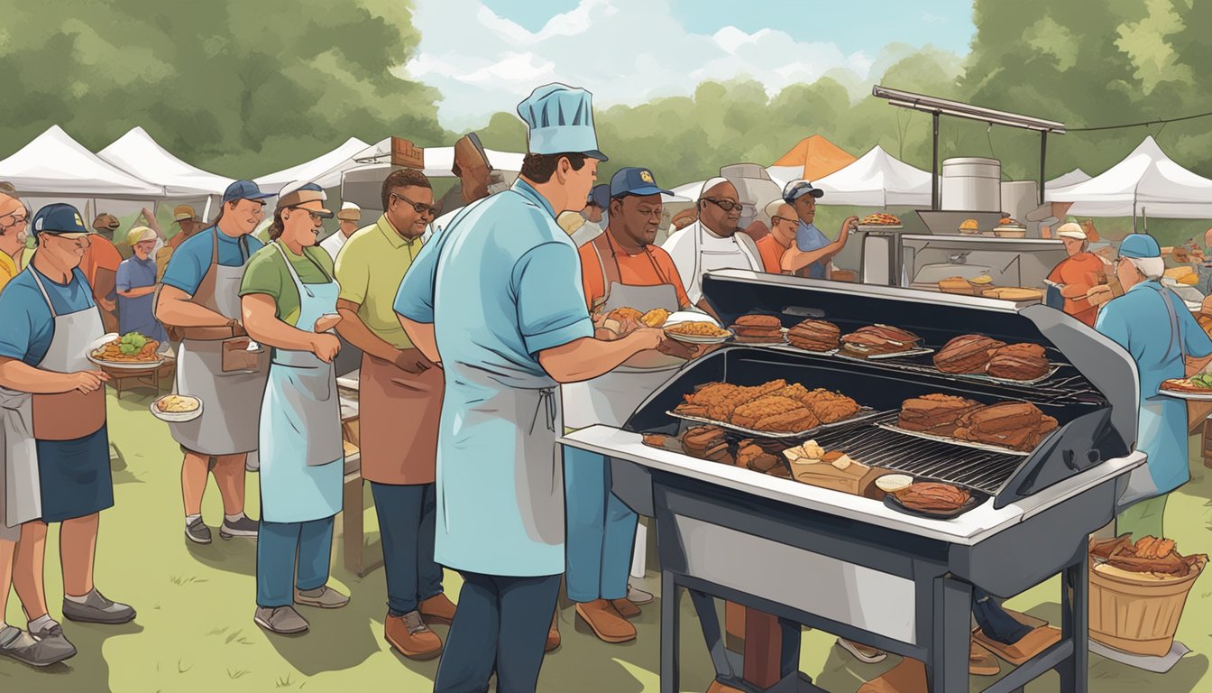 A bustling outdoor BBQ competition in North Carolina, with chefs showcasing their pulled pork sandwiches and exchanging leftover ideas for preservation