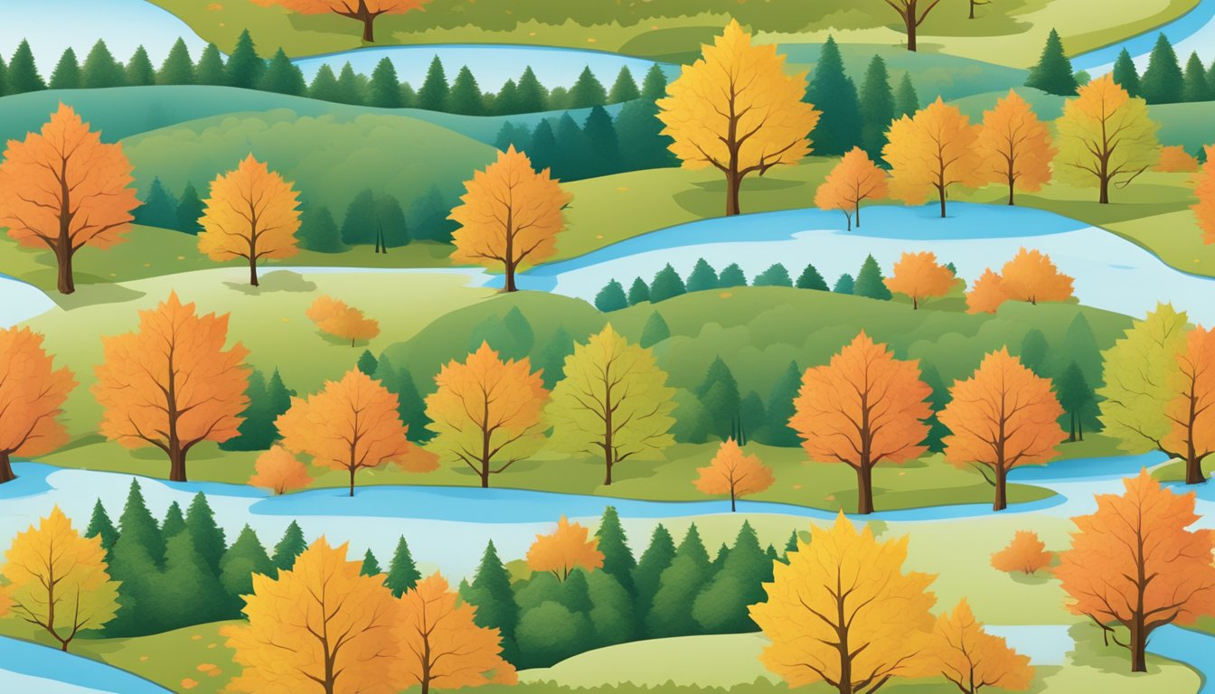 A line of colorful maple creemee stands dotting a Vermont landscape, surrounded by rolling hills and leafy maple trees