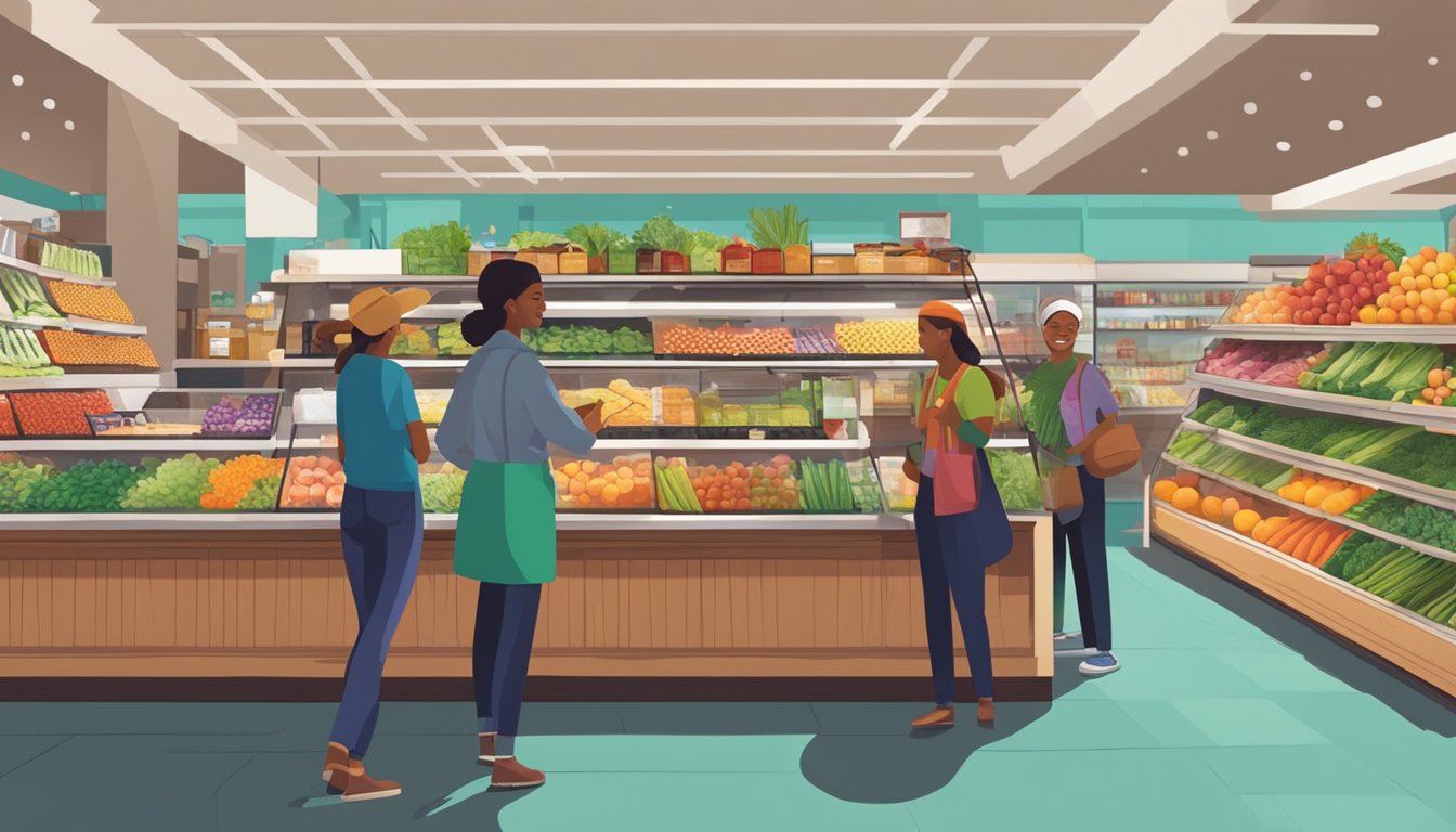 A bustling local food co-op with shelves stocked full of fresh produce, artisanal products, and locally-sourced goods. Customers chat with friendly staff while browsing the vibrant selection