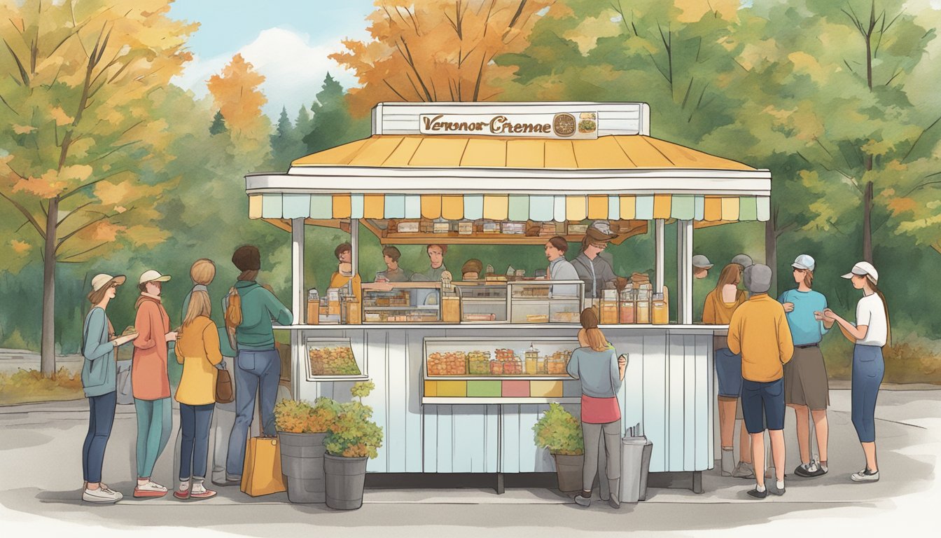 A bustling Vermont creemee stand surrounded by maple trees, with customers eagerly tasting and comparing different flavors