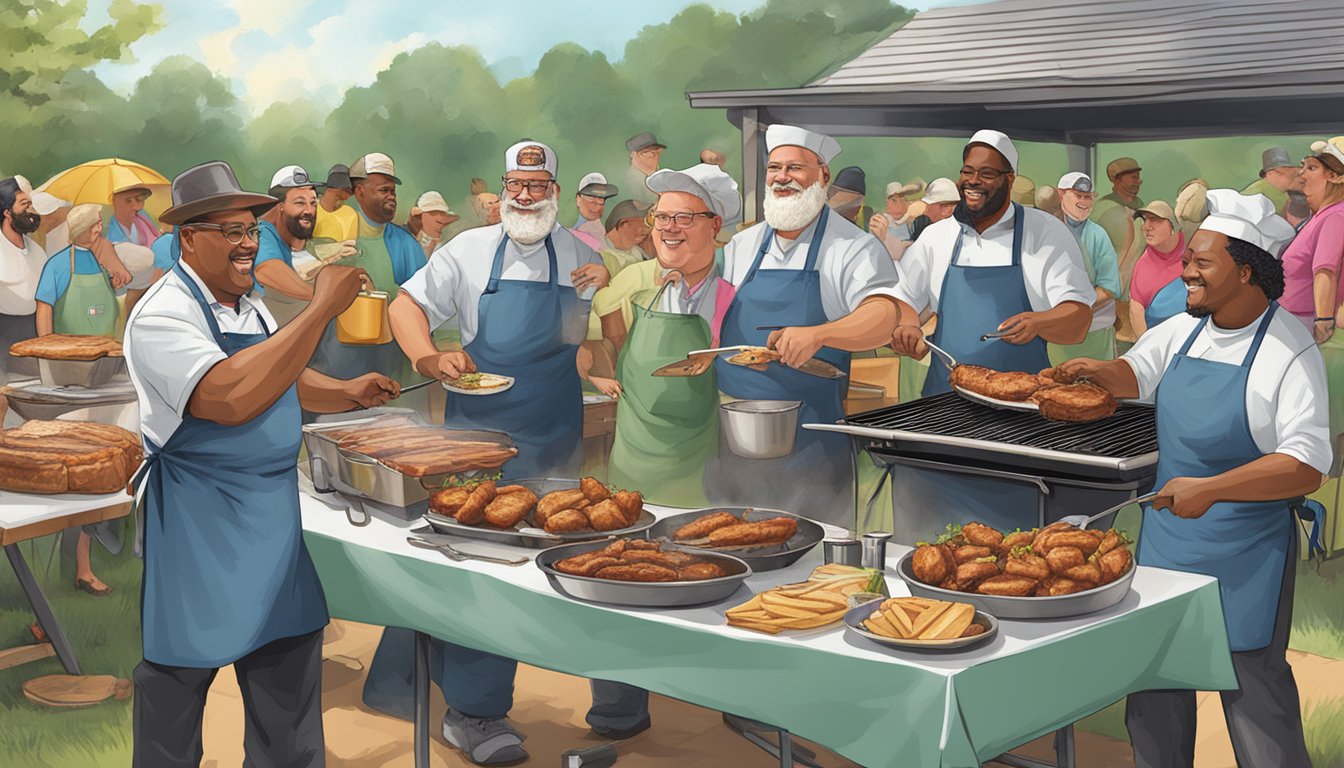 A lively outdoor BBQ competition in North Carolina, with chefs grilling and serving up mouthwatering pulled pork sandwiches