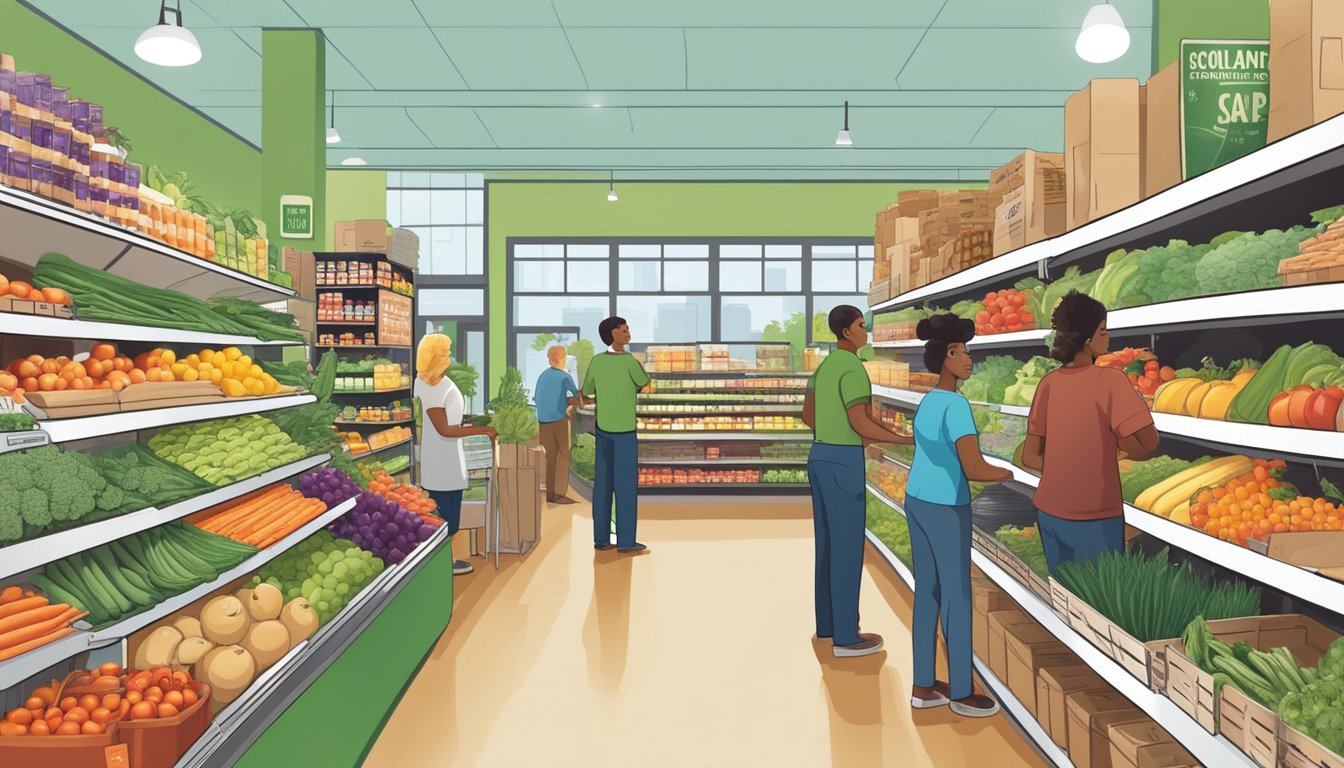 A bustling local food co-op with shelves stocked with fresh produce, colorful packaging, and a diverse array of products. Customers chat with friendly staff and browse the aisles