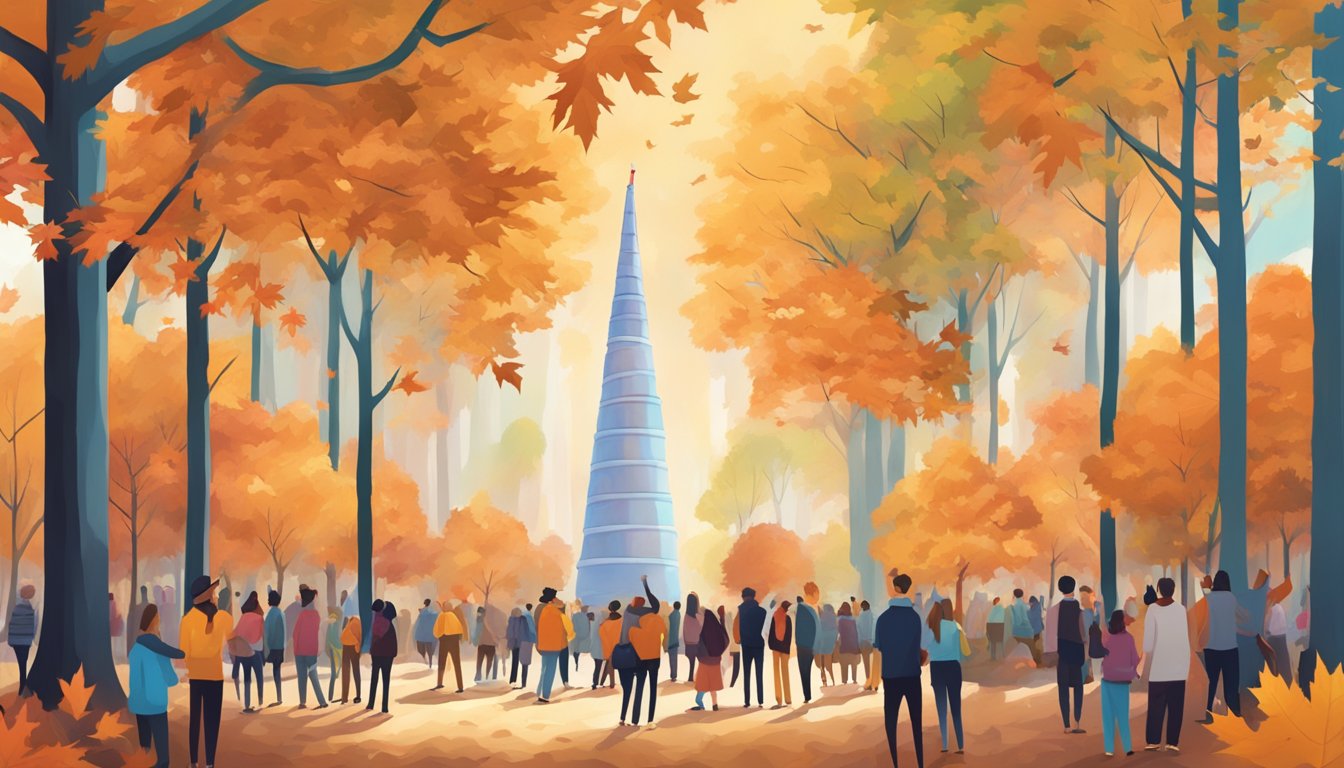 A vibrant maple forest with a towering maple creemee cone in the center, surrounded by excited onlookers and a festive atmosphere