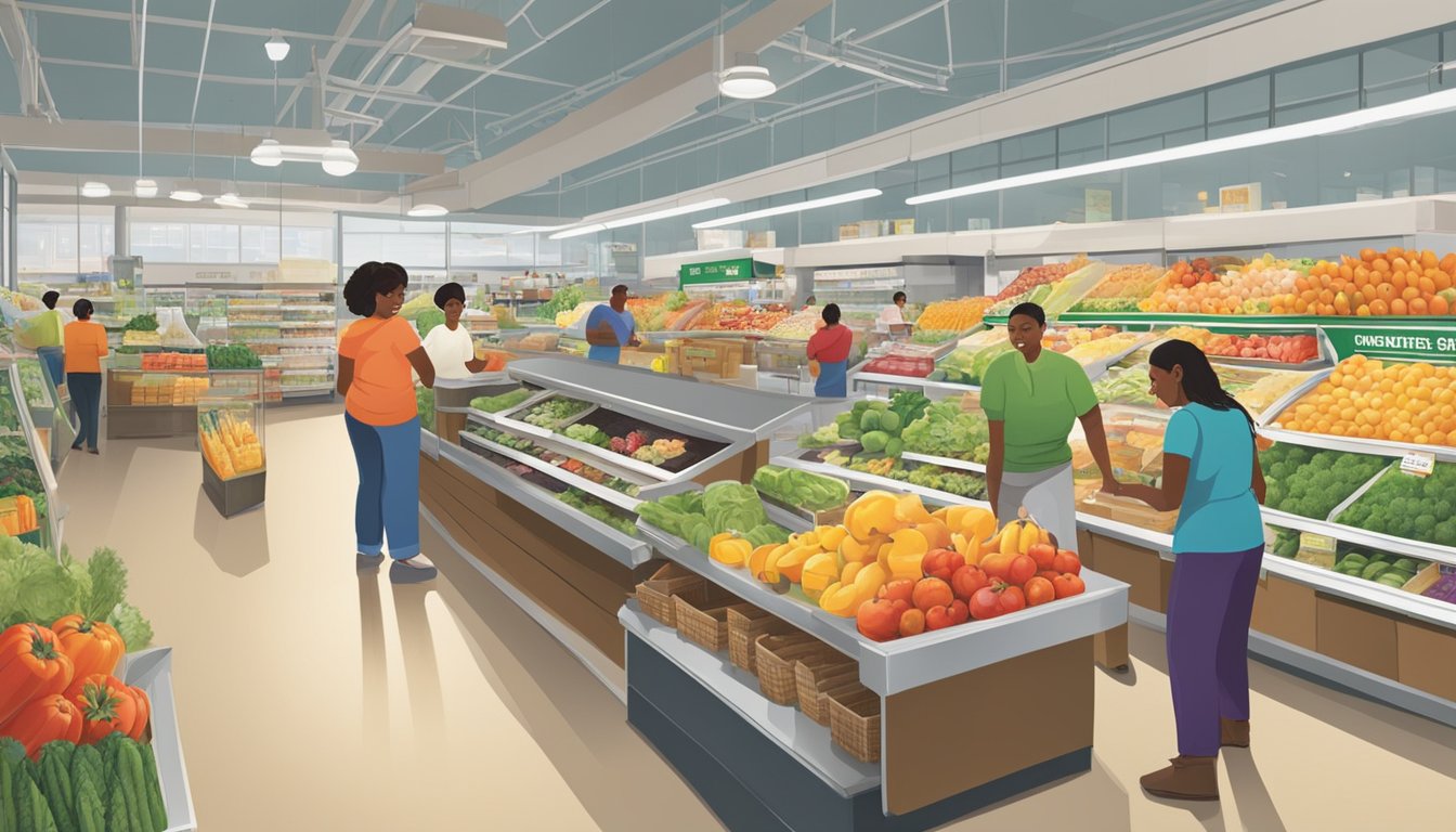 A bustling local food co-op with a variety of fresh produce, dairy products, and packaged goods. Customers browse the aisles and chat with friendly staff while enjoying the benefits of their membership