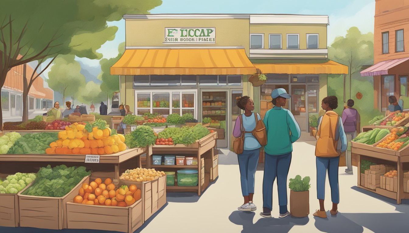 A bustling local food coop with colorful produce, eco-friendly packaging, and fair trade labels. Customers chat with staff about sustainability