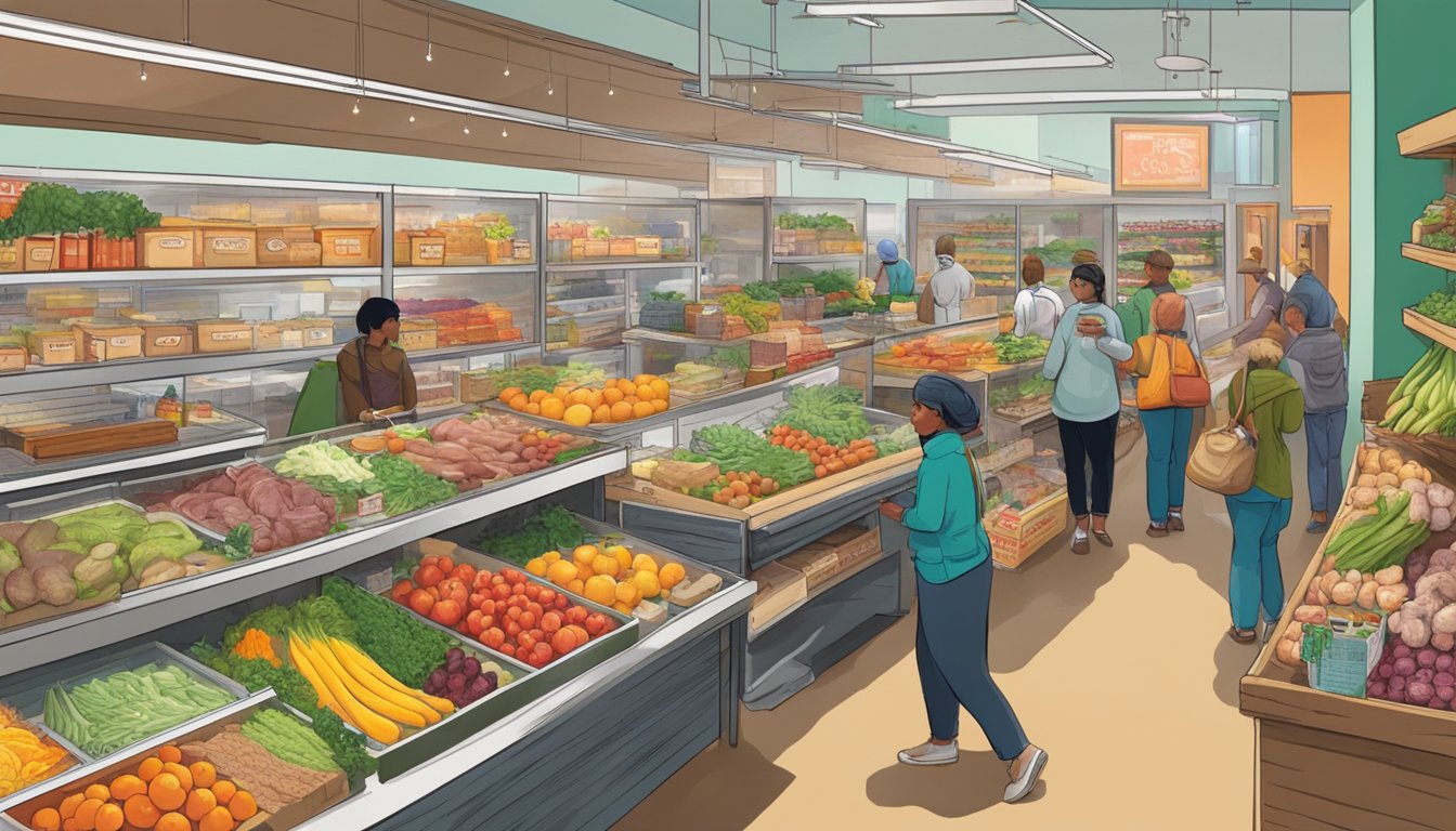 A bustling local food coop with shelves stocked with fresh produce, local meats, and artisanal goods. Customers chat with staff and peruse the colorful displays