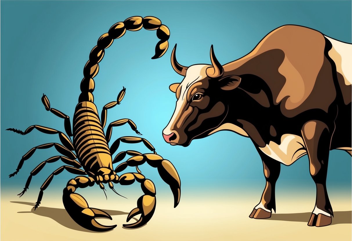 A scorpion and a bull stand face to face, their contrasting energies evident in their stances. The scorpion's intensity is balanced by the bull's calm strength, creating a harmonious dynamic