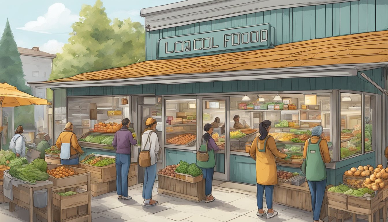 A bustling local food coop with customers seeking support and guidance from the friendly staff