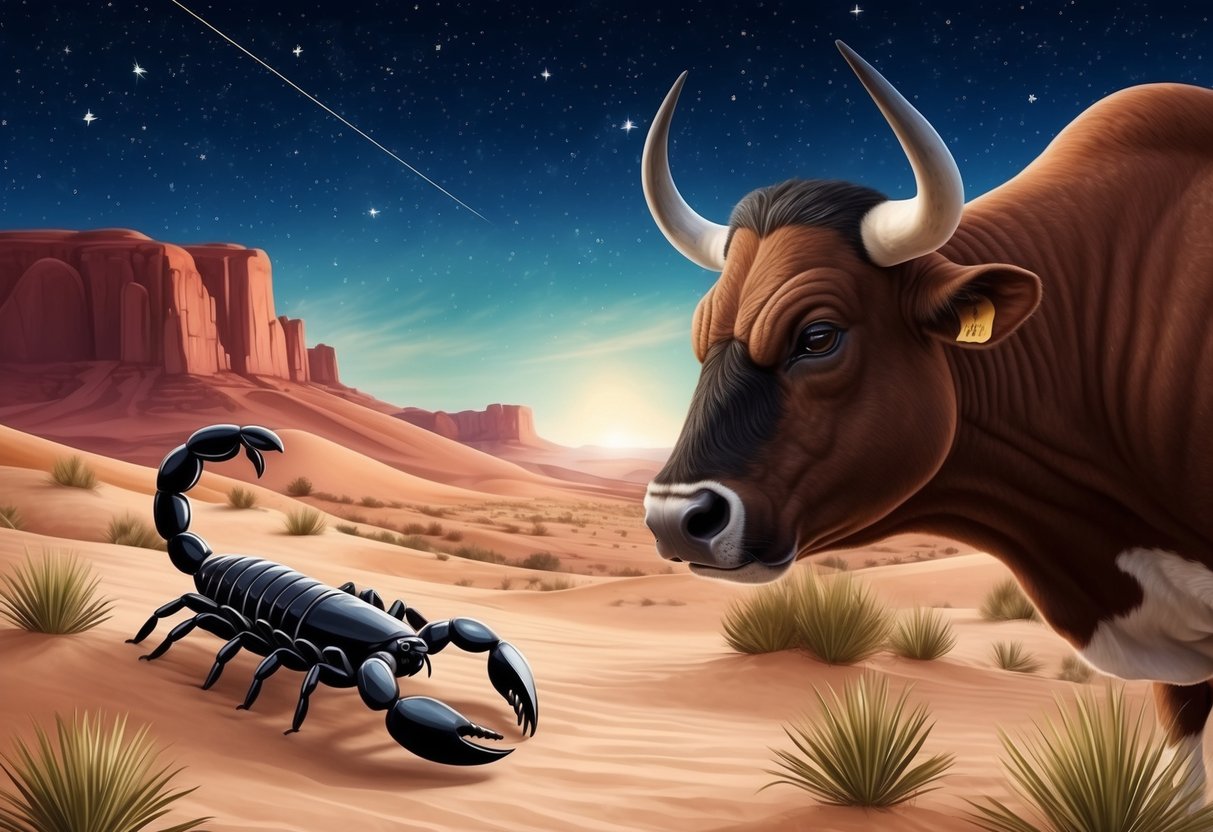 A scorpion and a bull face each other in a desert landscape under a starry sky