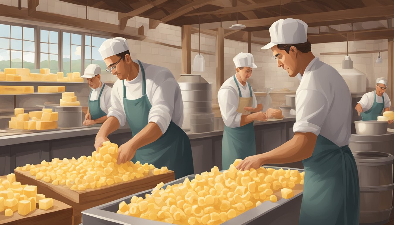 A group of Wisconsin cheesemakers meticulously crafting cheese curds in a rustic creamery