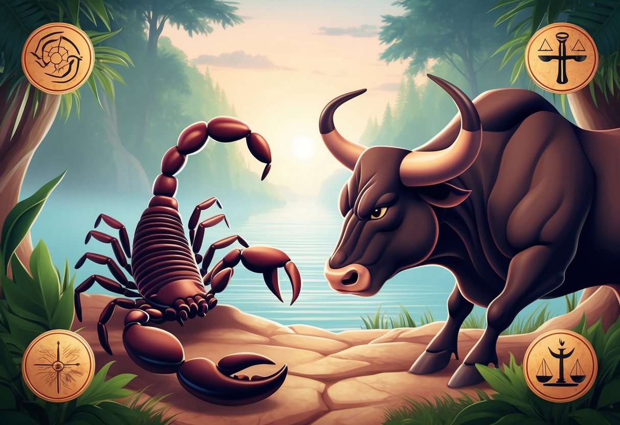 A scorpion and a bull facing each other in a serene, earthy setting, with symbols of strength and determination surrounding them