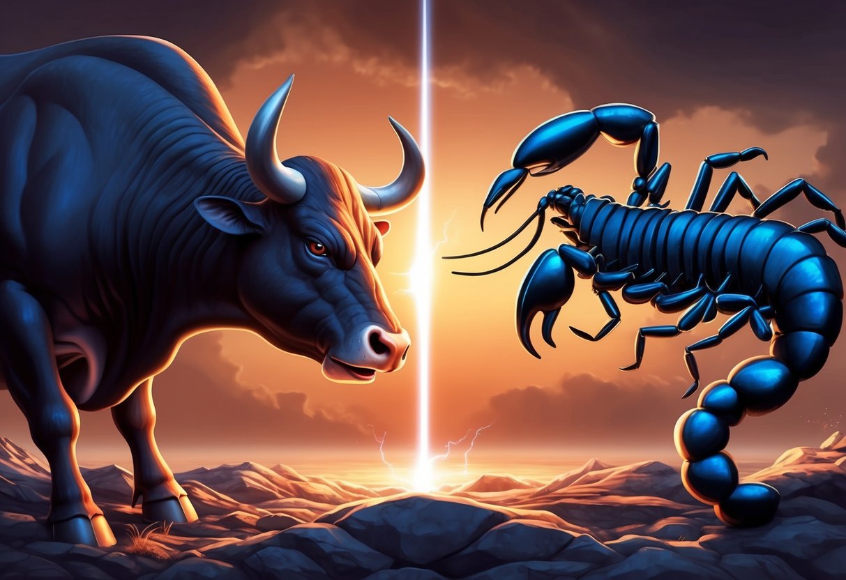 A bull and a scorpion face off in a dramatic showdown, representing the challenges in Taurus and Scorpio relationships