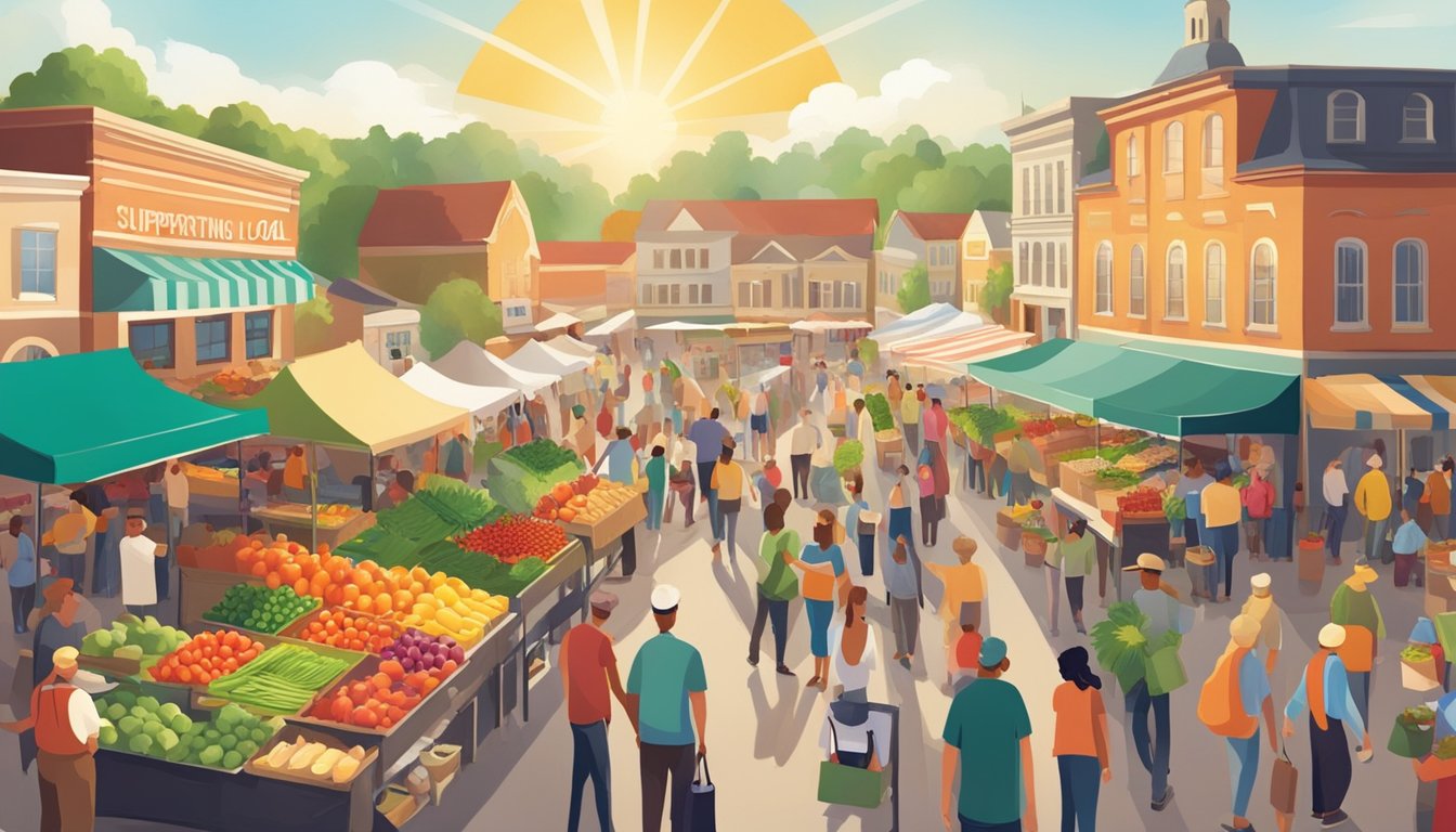 A bustling farmers market with colorful produce, local vendors, and a diverse crowd of shoppers. The sun shines down on the lively scene, with a banner reading "Supporting Local Agriculture."