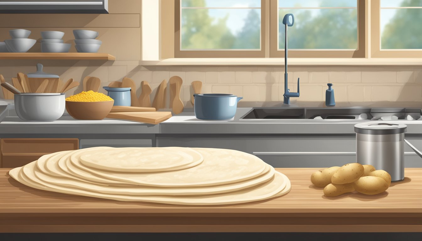 A kitchen counter with flour, potatoes, rolling pin, and griddle for making lefse