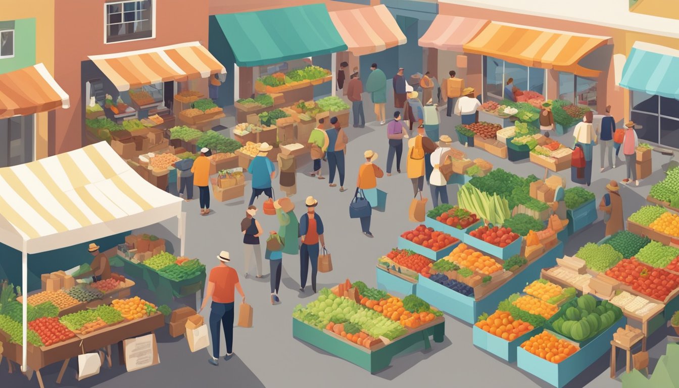 A bustling farmers' market with colorful produce, artisanal products, and friendly vendors. Customers chat and sample local food and drinks