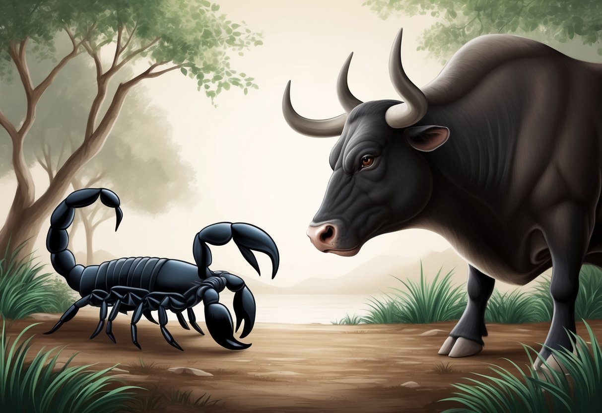 A scorpion and a bull face each other in a tranquil, earthy setting, their intense gazes meeting in a display of strength and determination