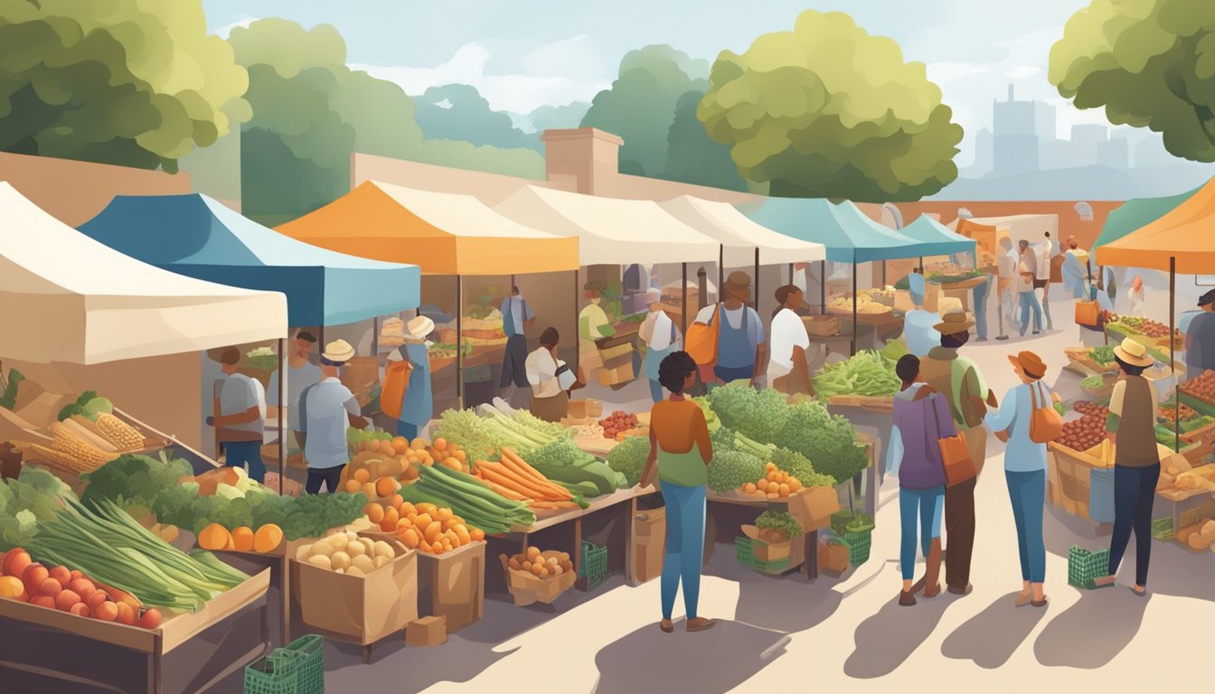 A bustling farmers' market with a variety of fresh produce, baked goods, and homemade products. Shoppers chat with local farmers and vendors, exchanging goods for cash or tokens