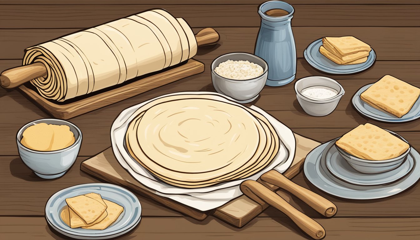 A table set with freshly made lefse, rolling pins, and flour, ready for the lefse roll challenge in North Dakota