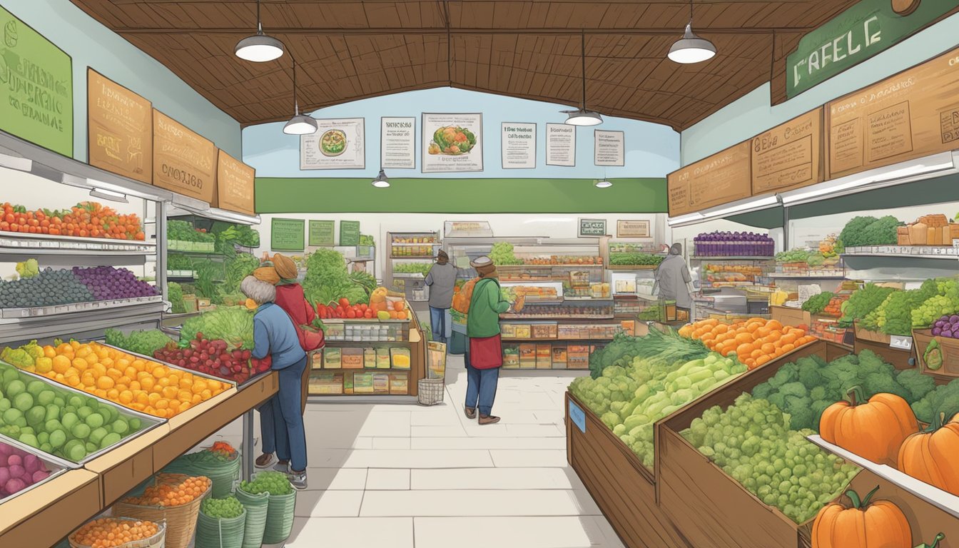 A bustling local food co-op in Topeka, KS, with colorful produce, shelves of organic goods, and a community notice board filled with educational events