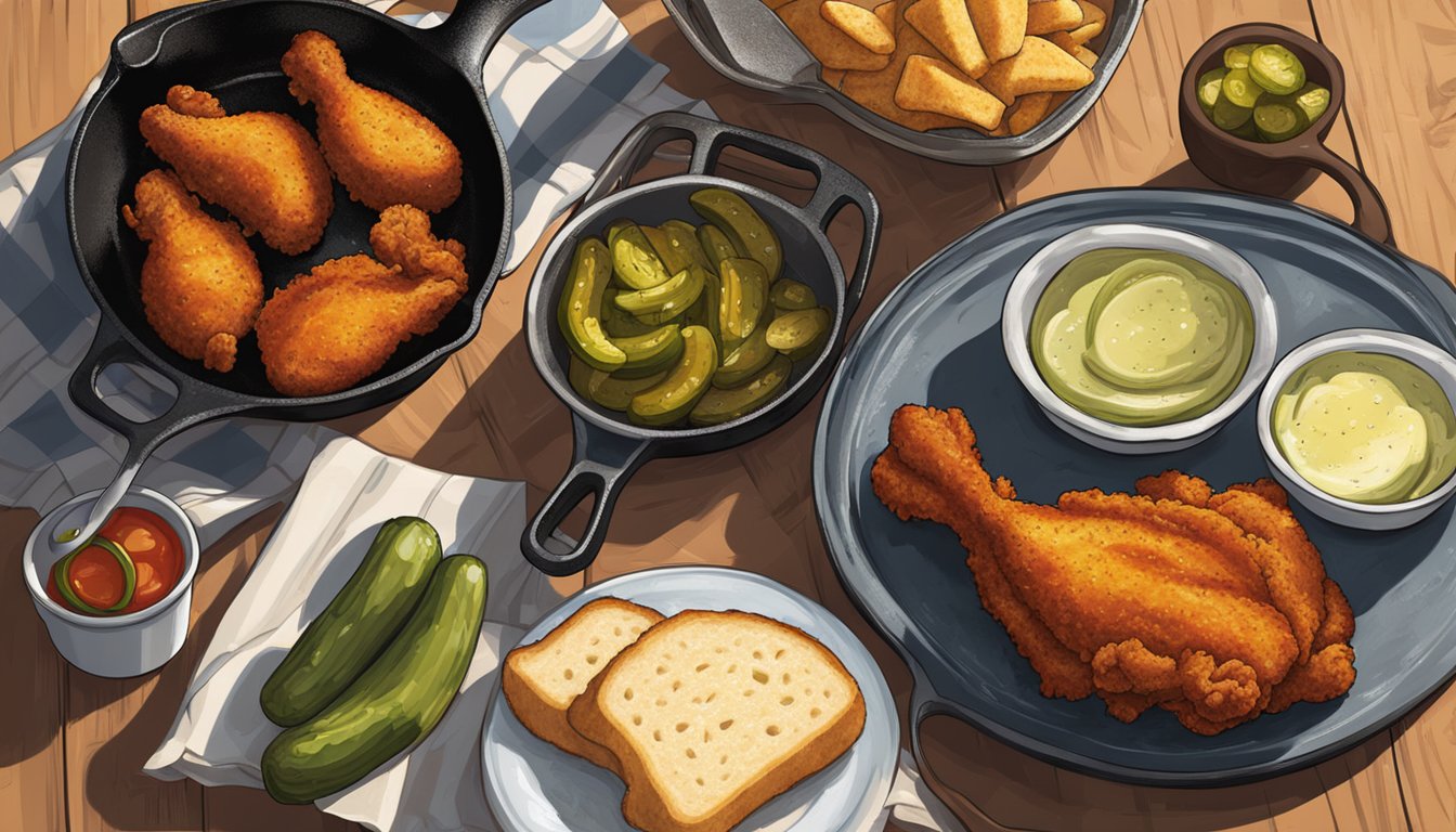 A sizzling cast iron skillet holds crispy, spicy hot chicken with a side of pickles and white bread