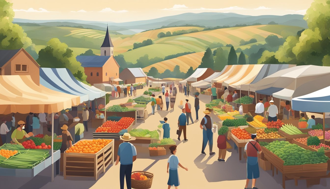 A bustling farmers market with various stalls selling fresh produce, surrounded by rolling hills and local farms in the distance