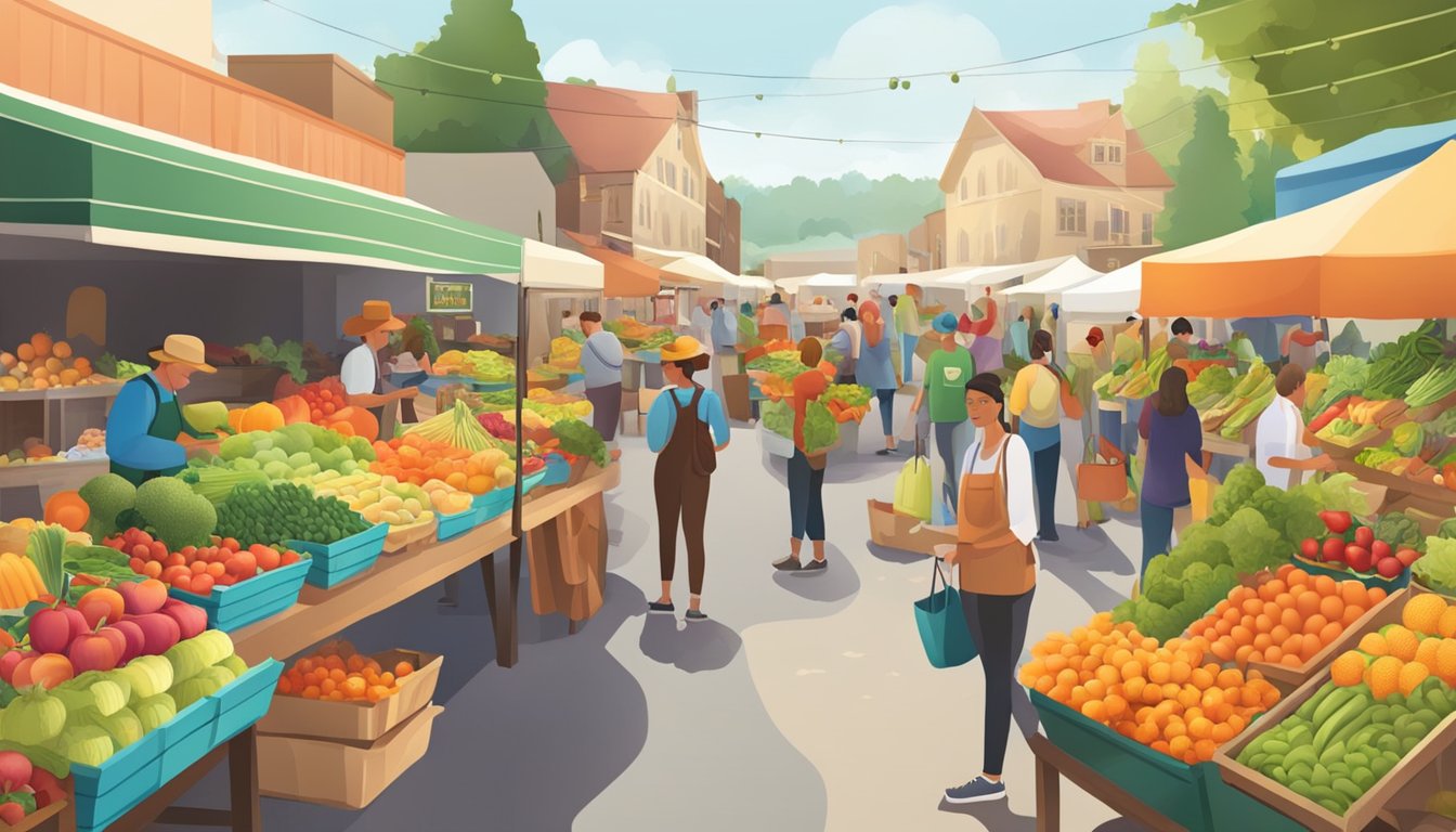 A bustling farmers market with colorful produce, local vendors, and eager customers browsing through the variety of fresh, organic foods