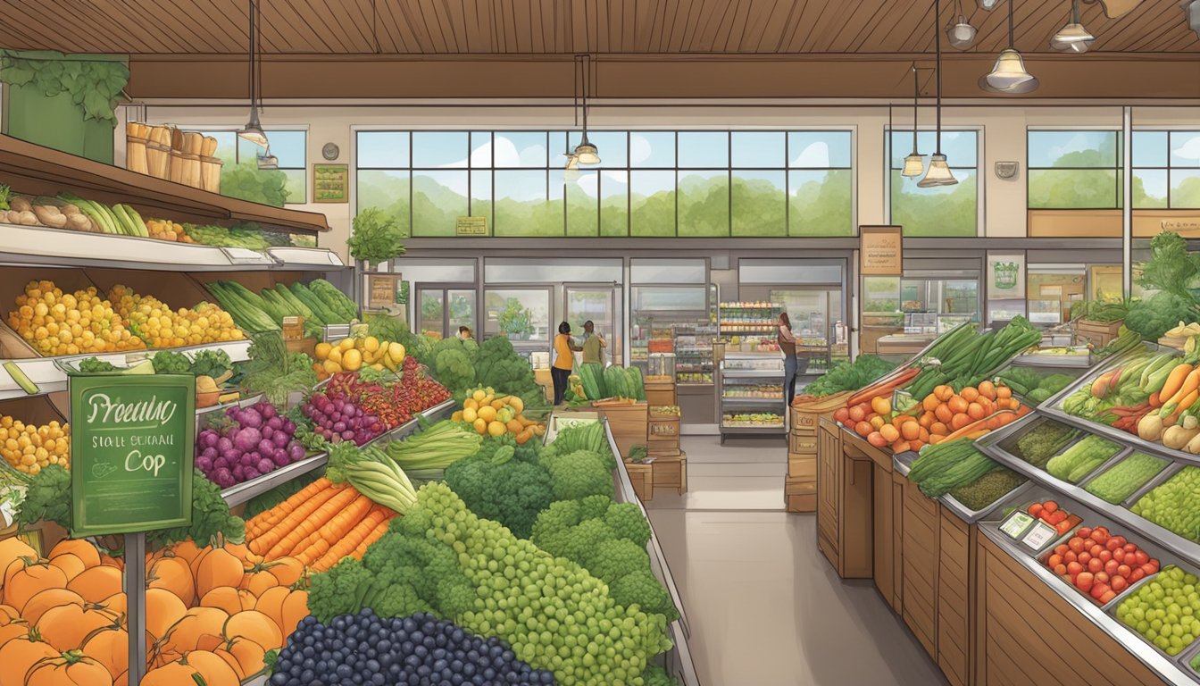 A bustling local food coop with colorful produce, eco-friendly packaging, and a diverse selection of organic options