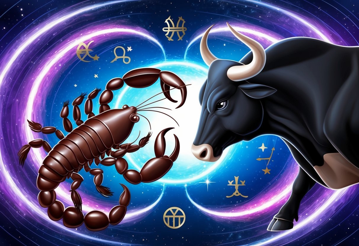 A scorpion and a bull facing each other in a cosmic setting, surrounded by swirling stars and zodiac symbols