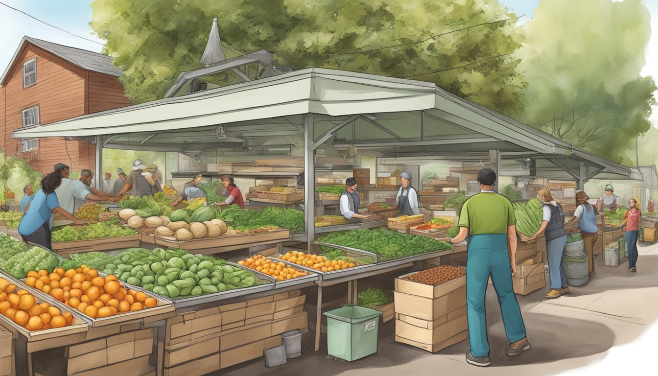 A bustling local food coop with diverse produce and sustainable practices in action