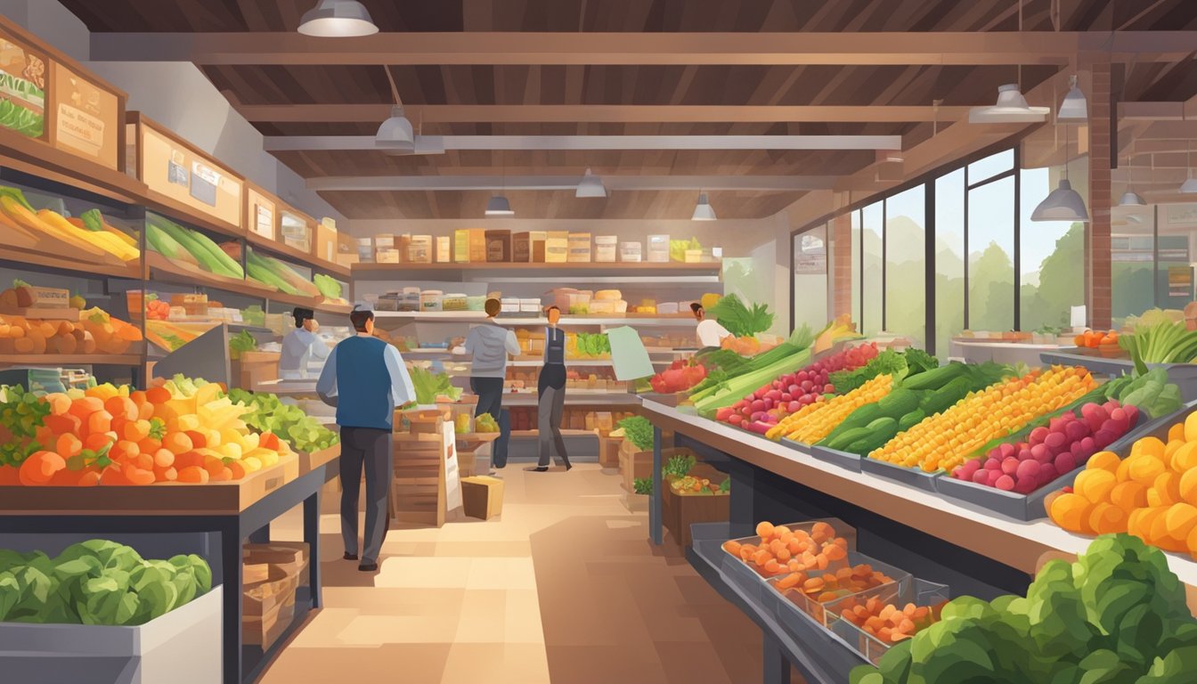 A bustling local food coop with colorful produce, shelves of artisanal goods, and a friendly atmosphere