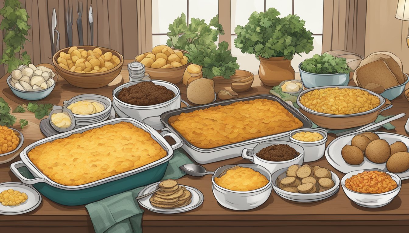 A festive gathering with a table set for a funeral potato casserole challenge, featuring various ingredients and utensils