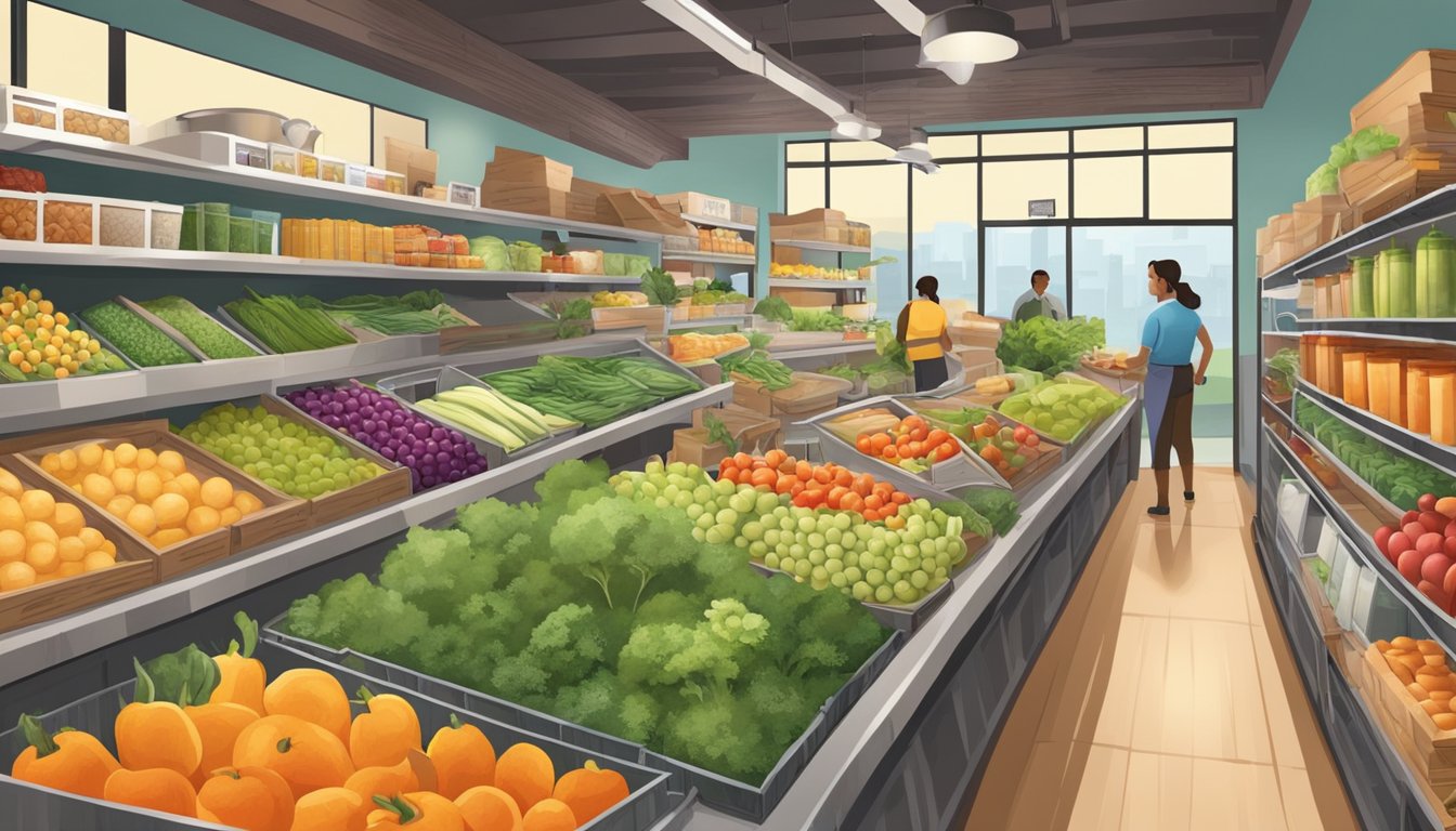 A bustling local food coop with colorful produce, shelves of healthy goods, and a friendly atmosphere