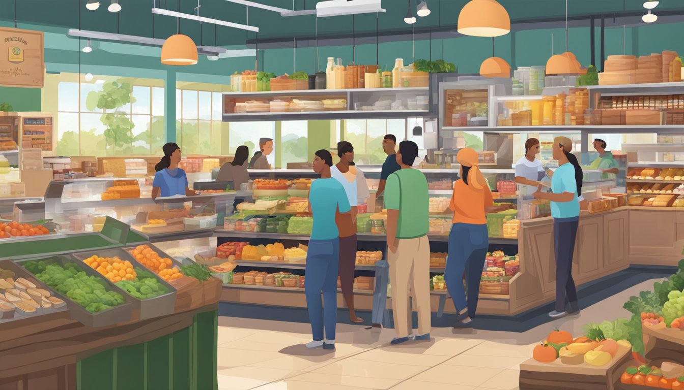 A bustling local food coop with a deli, bakery, and beverage section. Shoppers browse colorful displays and chat with friendly staff