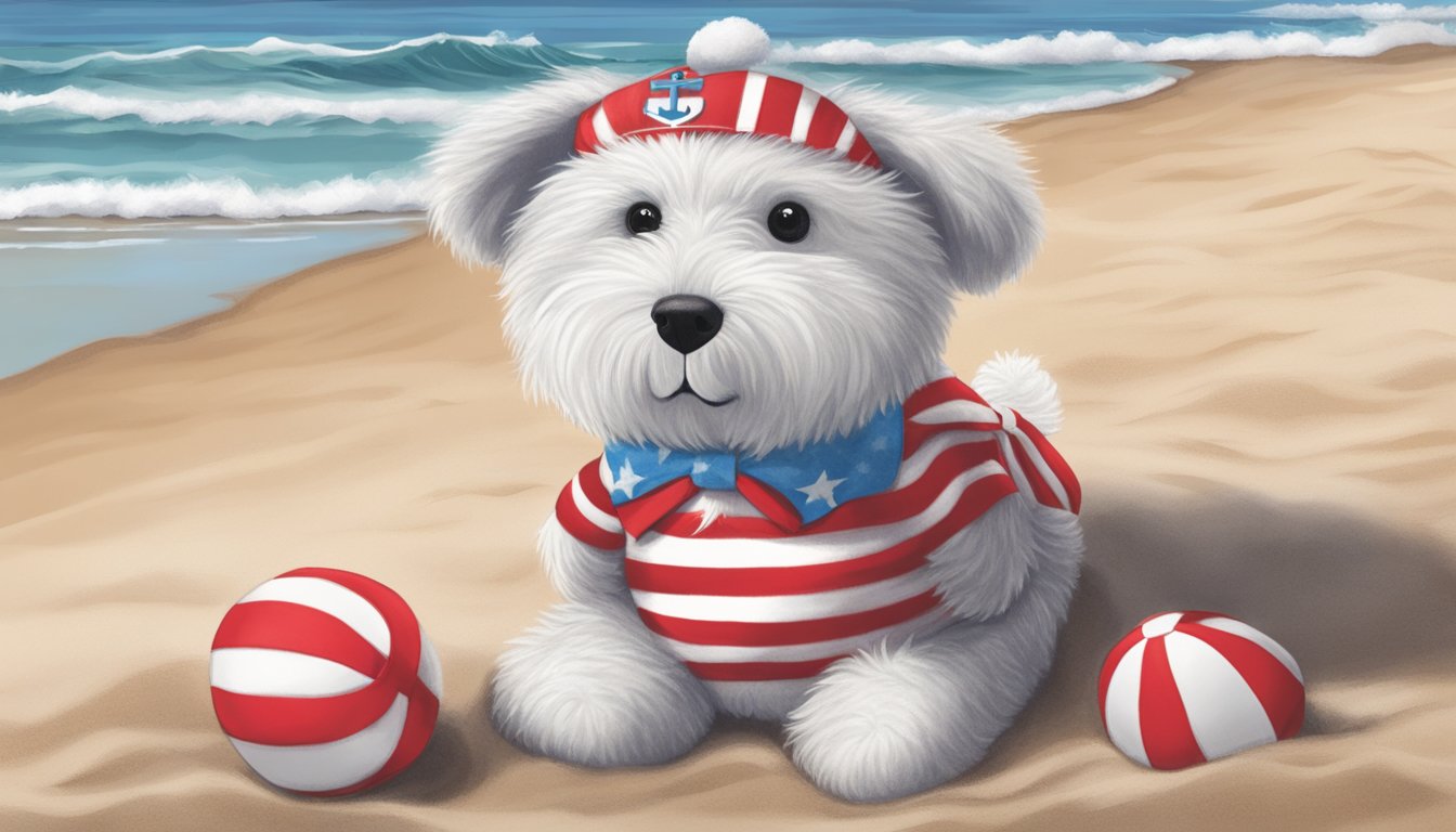 A fluffy Rhode Island Stuffie stands proudly on a sandy beach, with the state's iconic red and white stripes and anchor symbol. Waves crash in the background