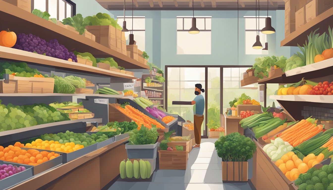 A bustling local food coop with colorful produce, shelves of organic goods, and a friendly atmosphere