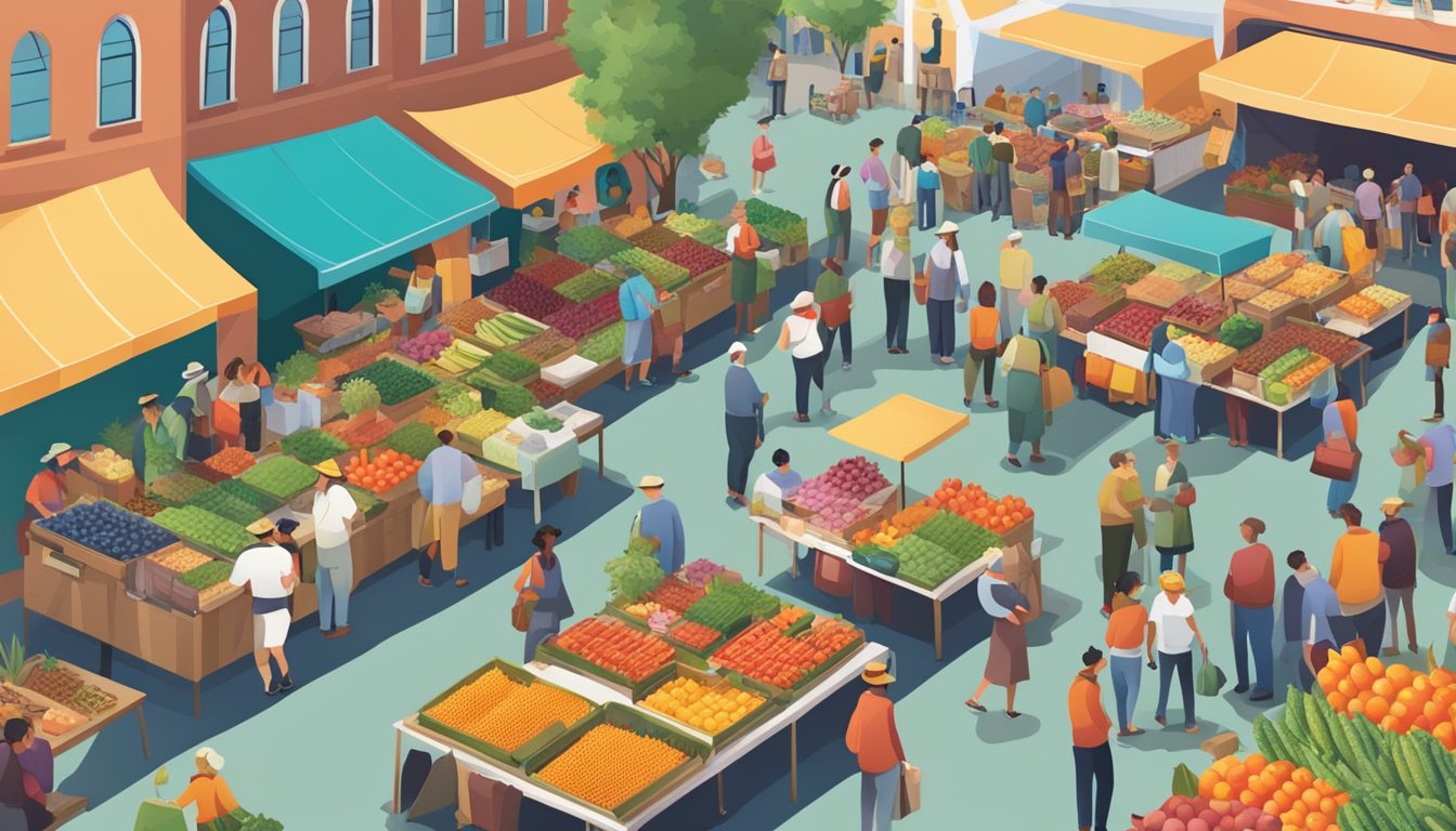 A bustling farmers' market with colorful produce stalls and a diverse crowd browsing and chatting with local vendors