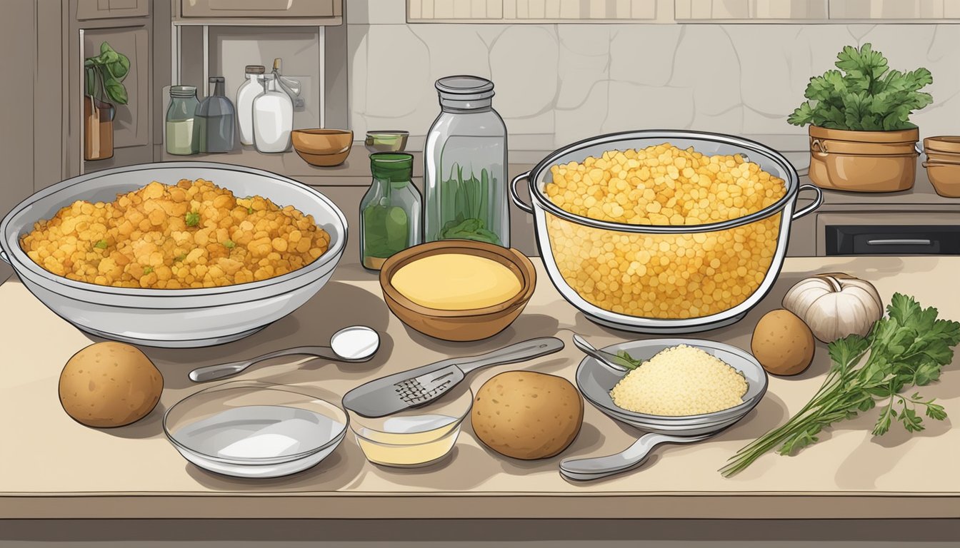 A kitchen counter with ingredients and utensils for making funeral potato casserole