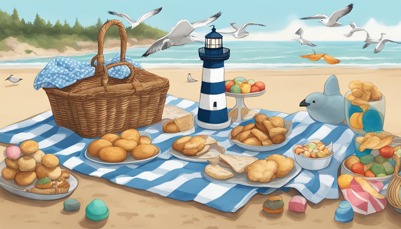 A beachside picnic with a basket of freshly baked stuffies, a lighthouse in the background, and seagulls flying overhead