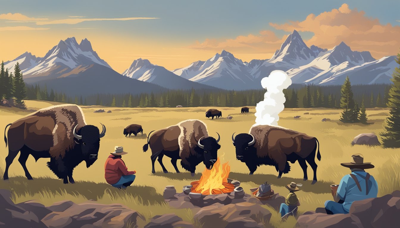 A group of bison gather in a scenic Wyoming landscape, with a large pot of chili cooking over a campfire as people prepare for the Bison Chili Challenge