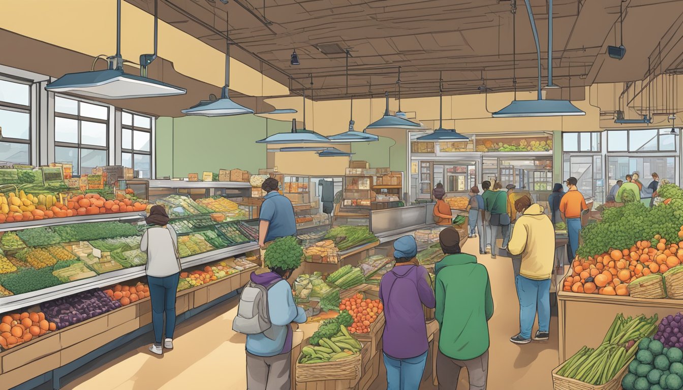 A bustling local food co-op in Allentown, PA, with members browsing and participating in various activities