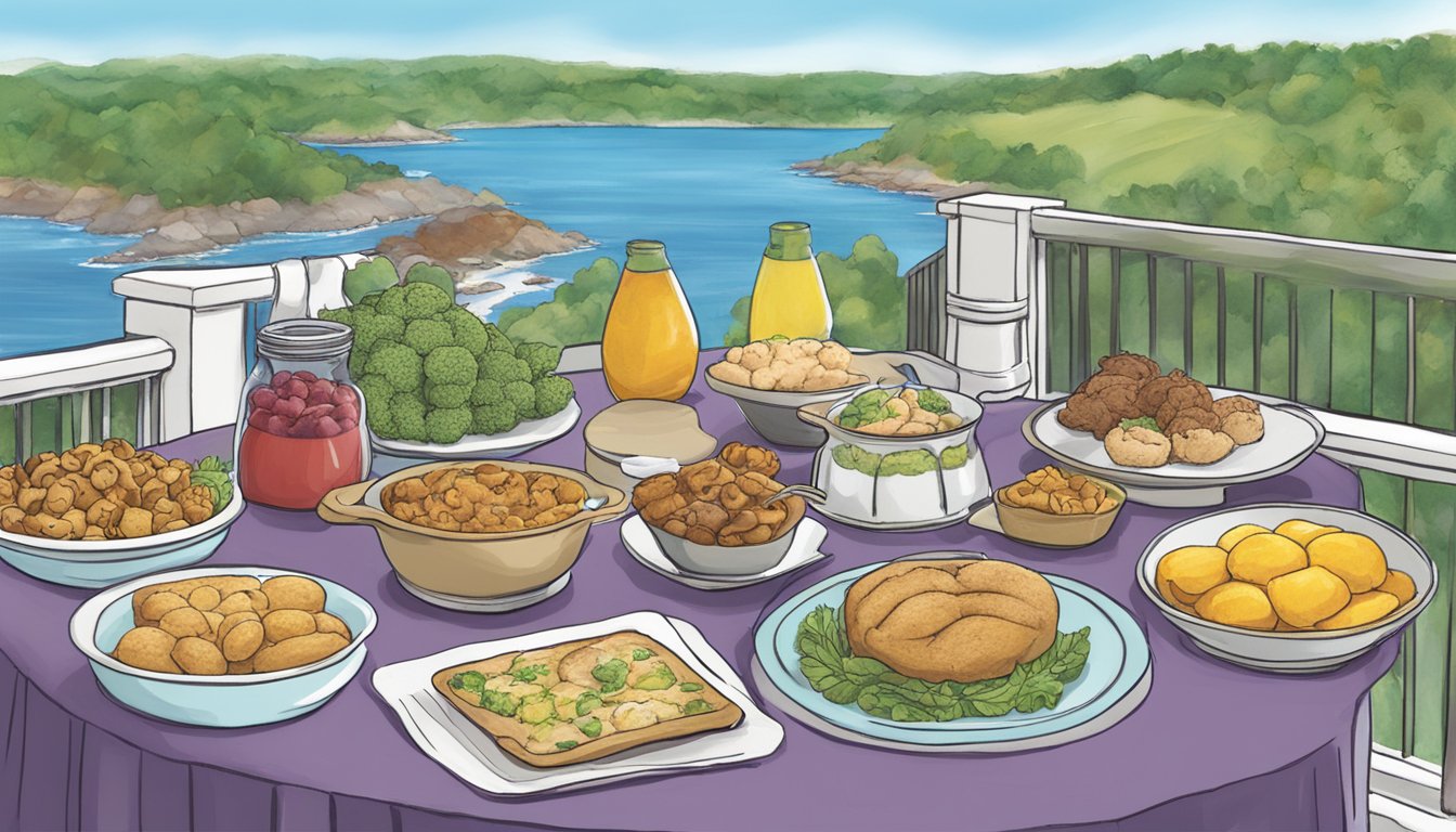 A table set with various stuffie variations and recipes, with a Rhode Island backdrop for the stuffie challenge