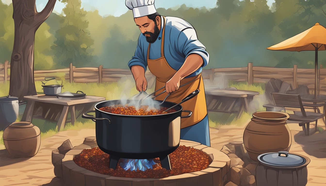 A chef stirring a large pot of bubbling bison chili over an open flame in a rustic outdoor setting